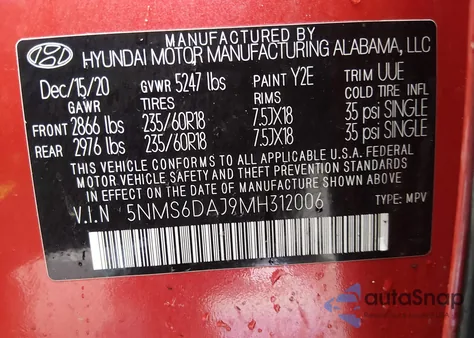 2021 Hyundai Santa Fe Sel z USA, uszkodzony, nr VIN 5NMS6DAJ9MH312006